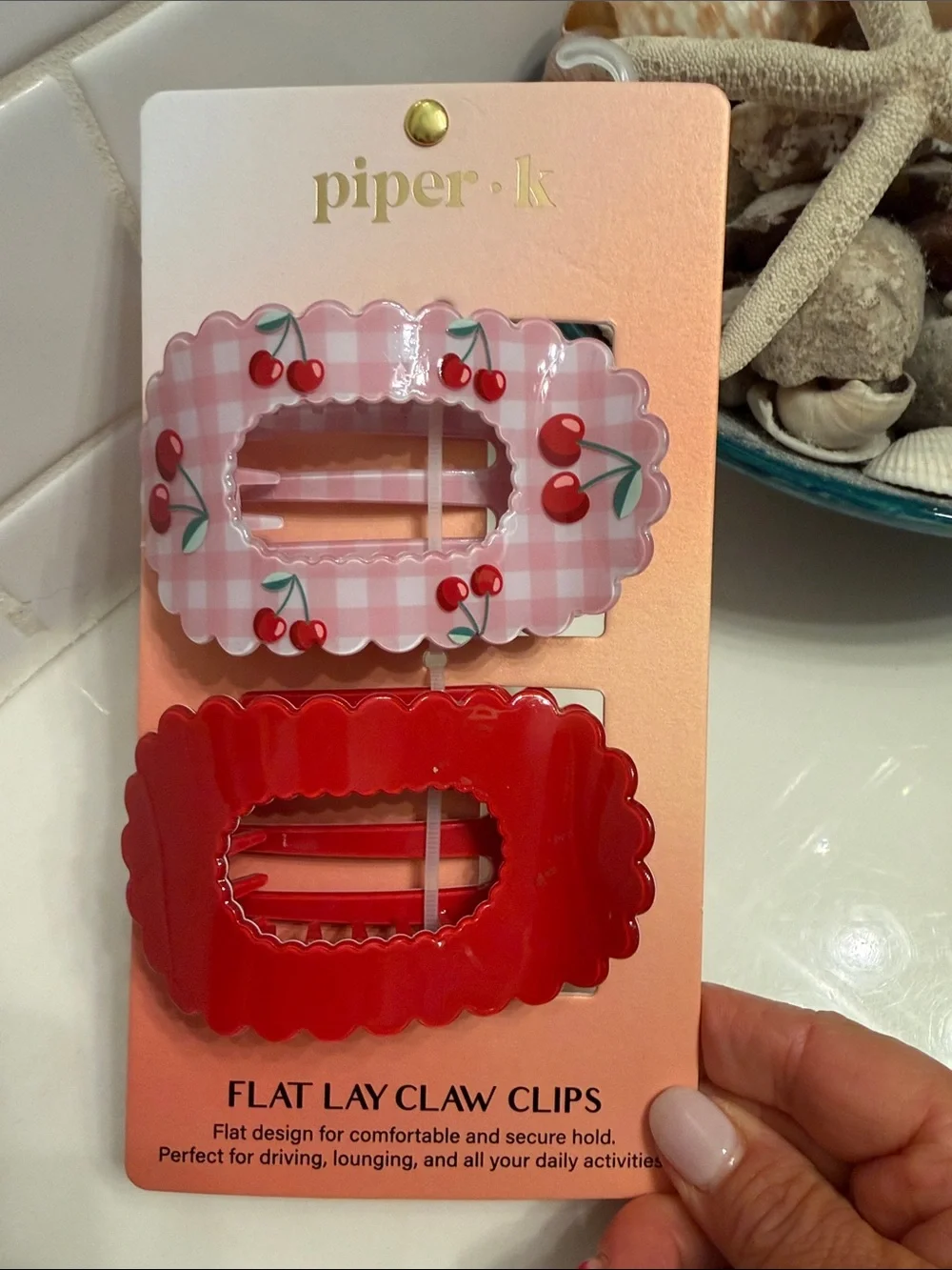 Piper Kids Pink Gingham Cherry & Bright Red Scalloped Claw Clips